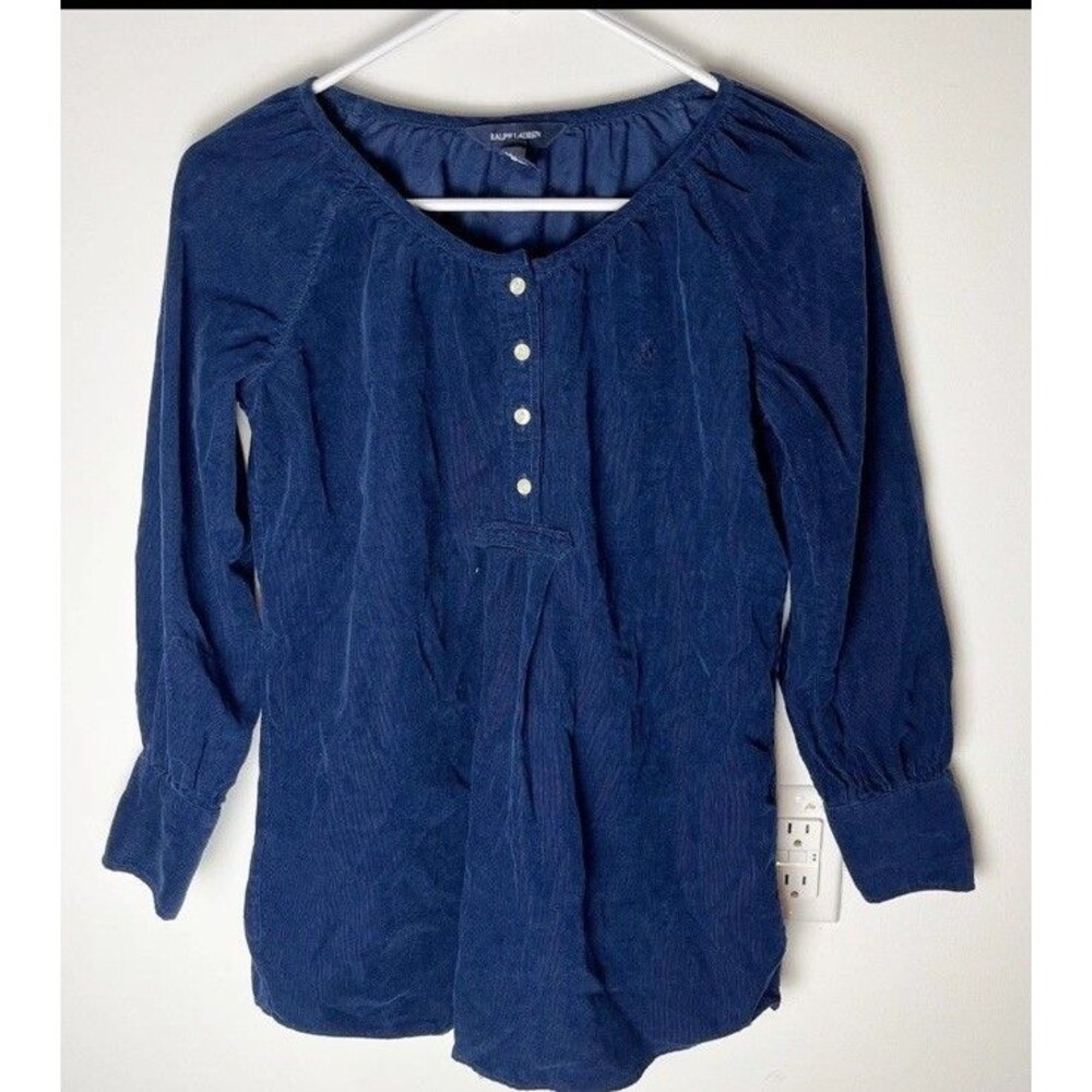 Lauren Ralph Lauren Women's Shirt - Size 10 - Long Sleeve Corduroy Navy Button